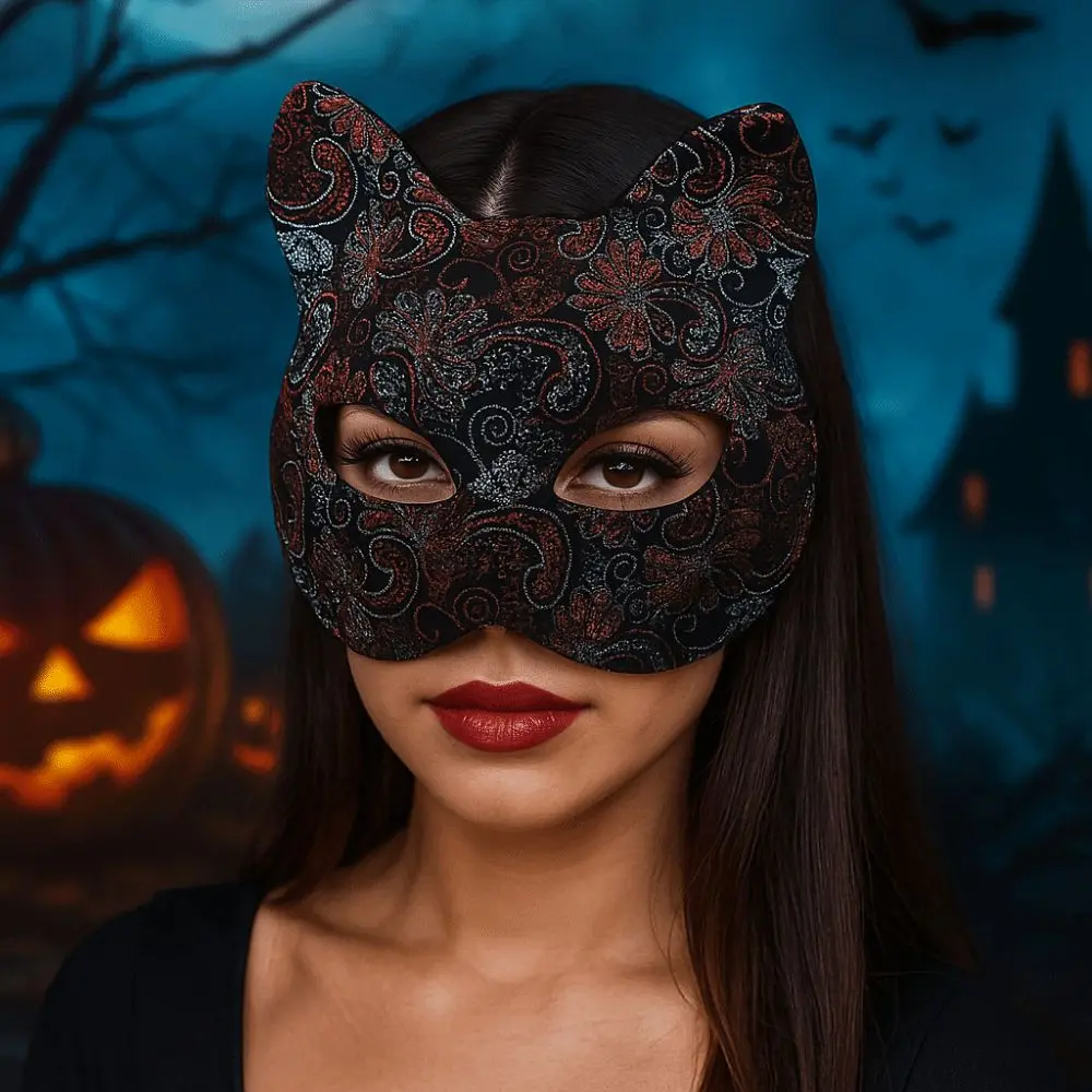 

Retro Plastic Cat Face Masks Animal Shining Halloween Masquerade Mask Flower Black Half Face Mask Makeup Party