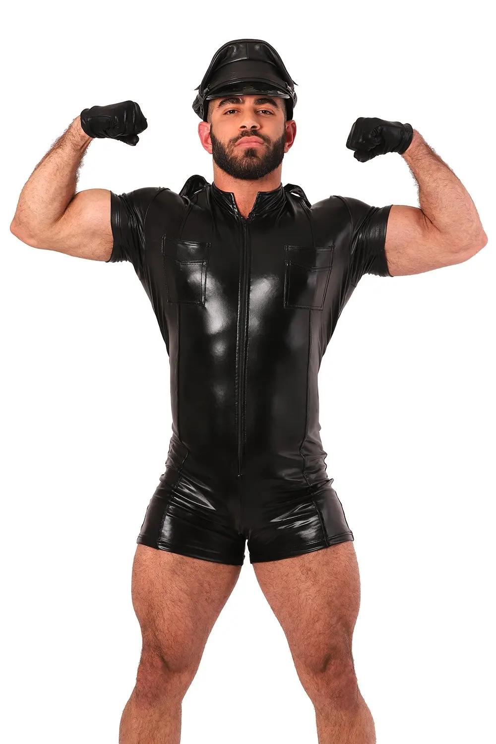 Camisas de cuero eróticas para hombres, Wetlook fetiche, uniforme de policía de piel sintética, disfraces Sexy, traje Zentai de Orgullo Gay, body