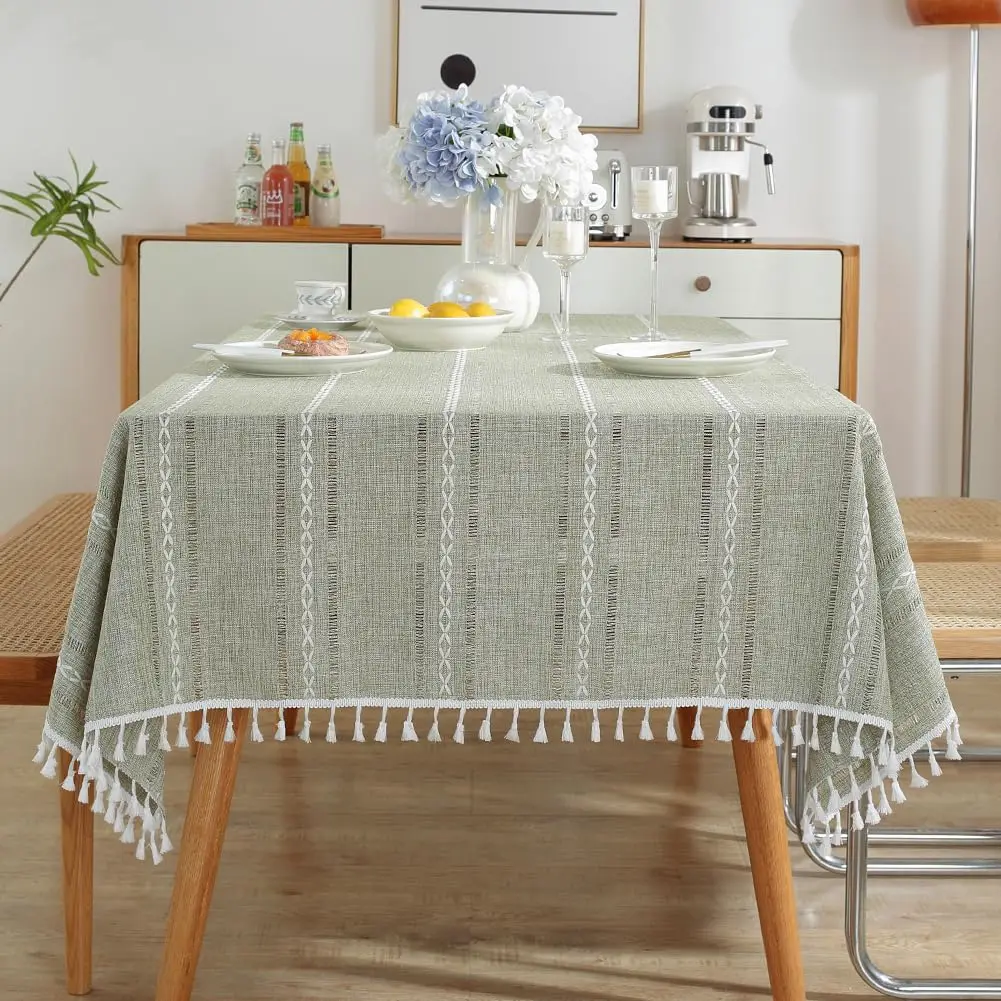 

Stripe Table Cloth Cotton Linen Tablecloth, Square Table Cover with Tassel, Wrinkle Resistant Table Covers for Kitchen Dinning