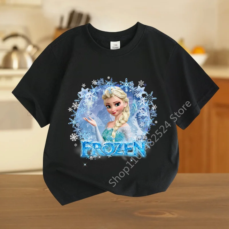 Disney Summer Cotton Playful Frozen Girl T-shirt Princess Elsa Creative Print Street Y2K Casual cotton top Outdoor sports top