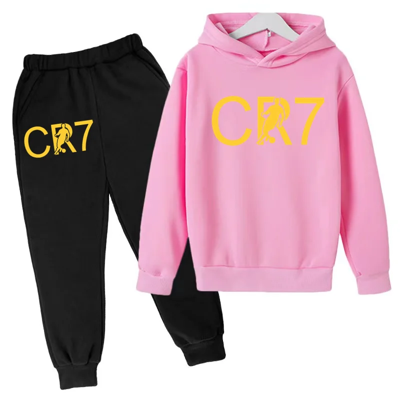 Children 3-12 Years Old Hoodie Football CR7 Print Boys Sweatshirt Girls Toddler Sports Coat Top + Trousers 2P Stylish Casual Set