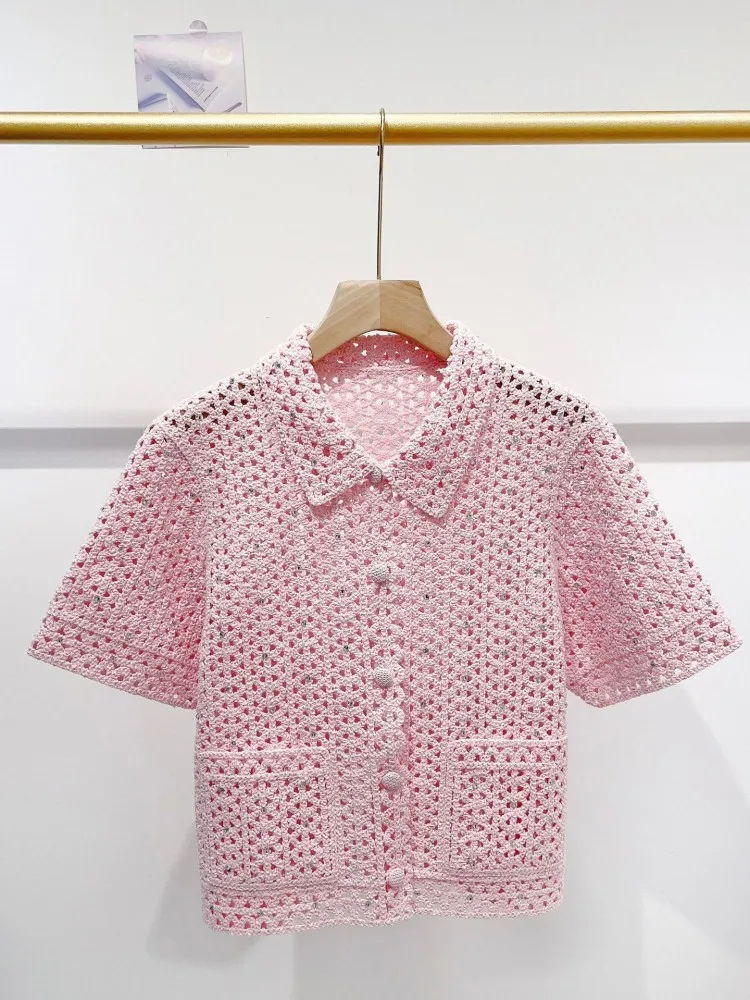 Summer Sweet Lady Diamonds Jacquard Hollowed Out Short Sleeved Knitted Cardigan Tops Coat Slim Fit Long Dress Set Two Piece Set image 2