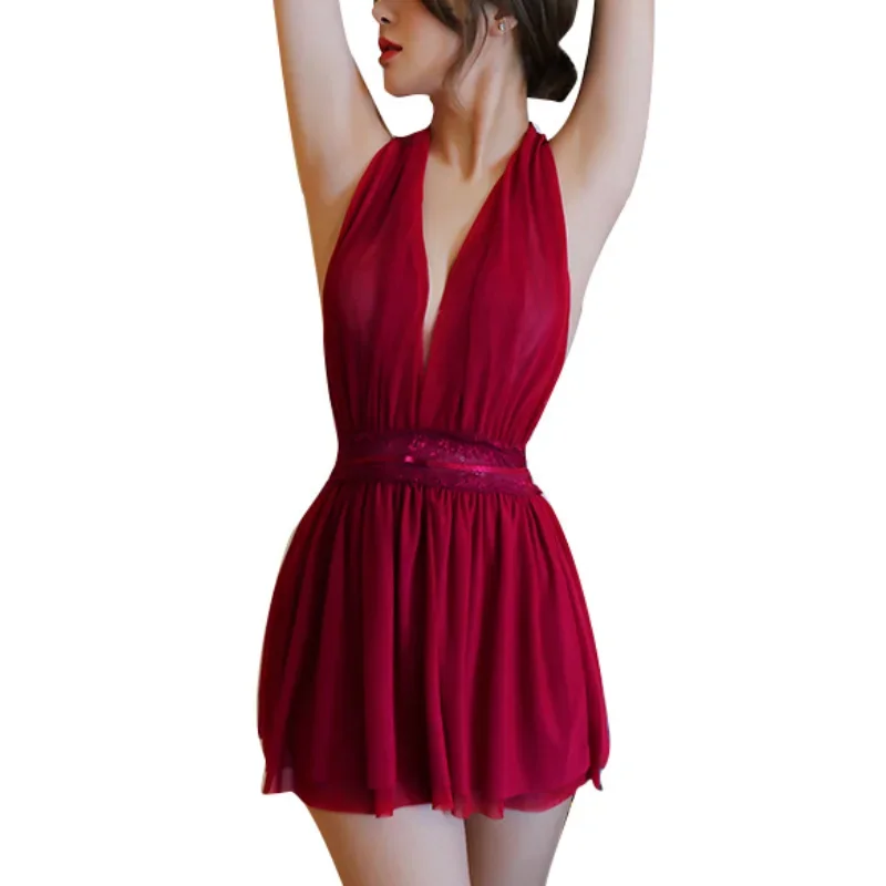 Camicia da notte sexy da donna Camicia da notte con reggicalze Abito da notte diviso senza schienale Lingerie Camicia da notte Top da notte Pigiama in raso