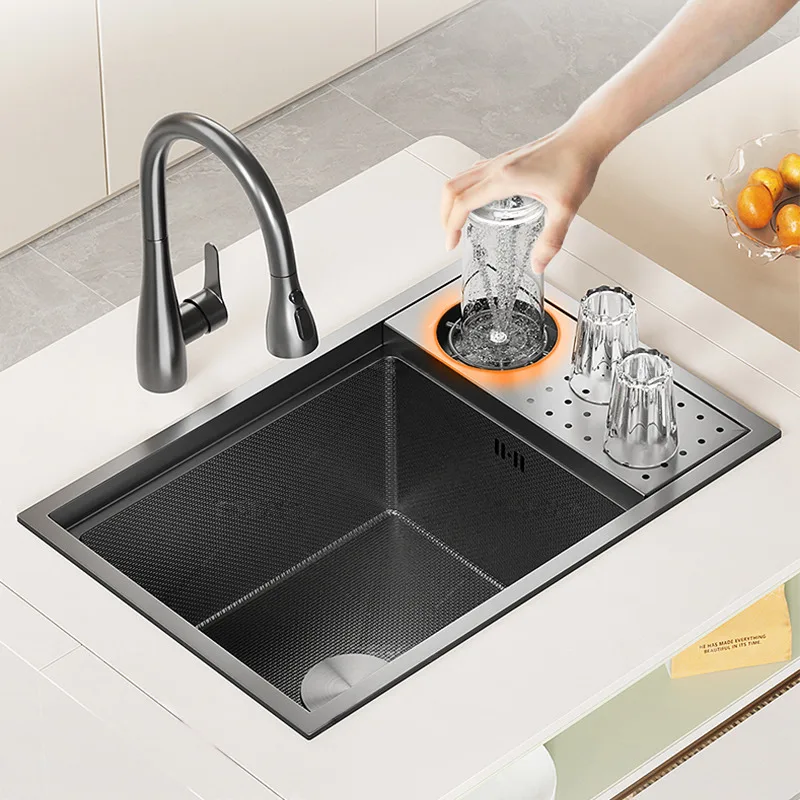 Handmade Square Single Bowl Stainless Steel Kitchen Sink With Faucet Modern Design For Apartment Balcony