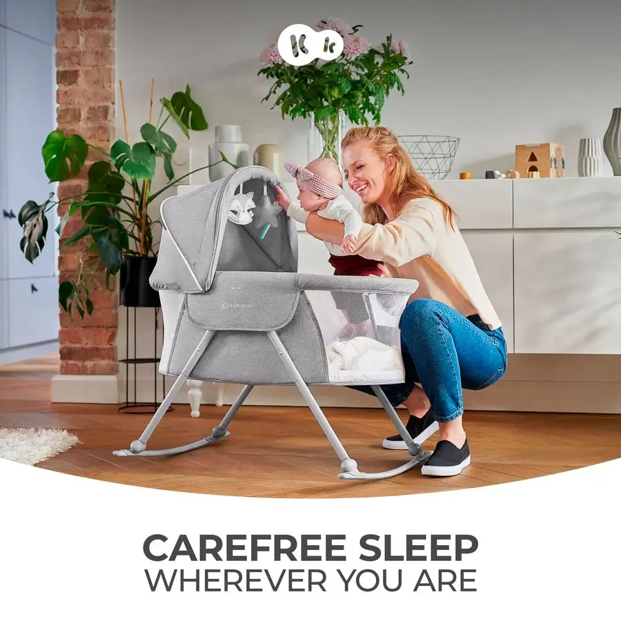 سرير سفر LOVI للأطفال، سرير أطفال محمول قابل للطي مع ناموسية مدمجة، غطاء رأس قابل للتعديل وممتع إضافي