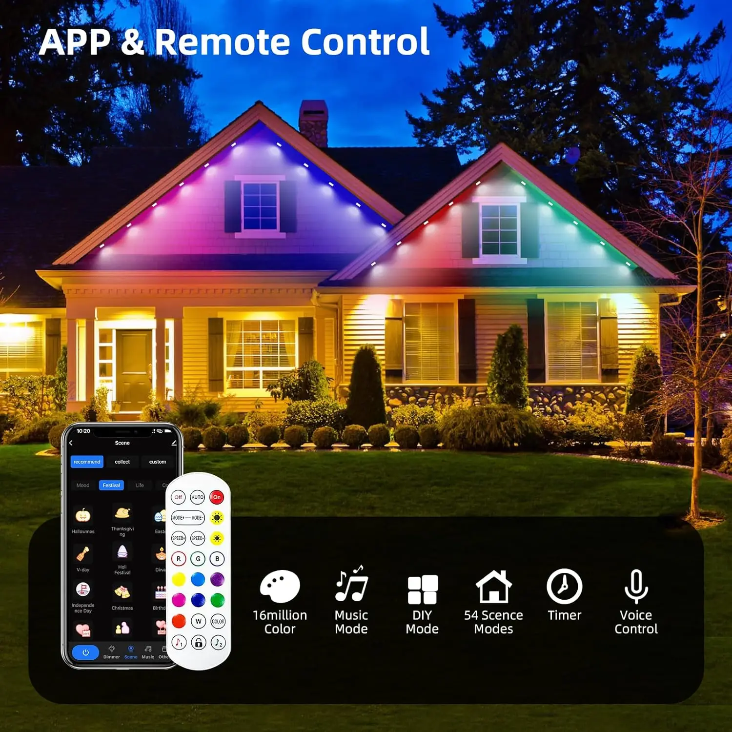 Permanent Outdoor Lights Smart RGBIC Outdoor Lights 100ft with 72 LED Eaves Lights IP67 Waterproof for Christmas Decorations