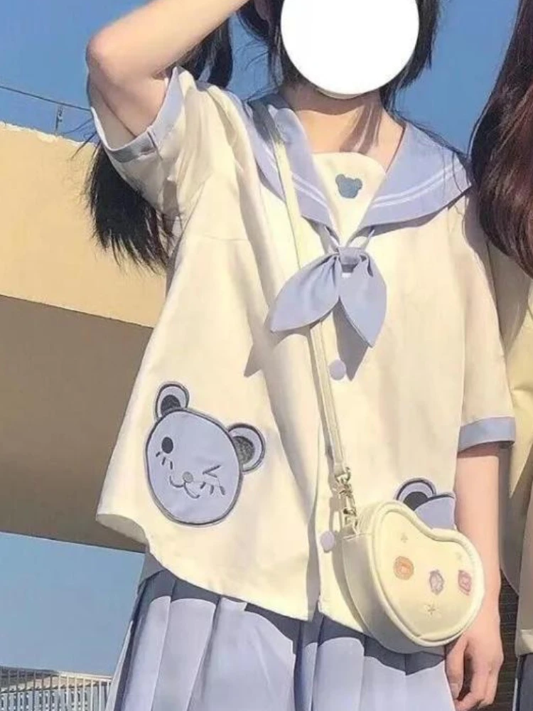 KOSAHIKI Japanese School Uniform Suit Sailor JK Cartoon Bear Navy Blouse Skirts Sets Women Kawaii Summer 2 Piece Outfit