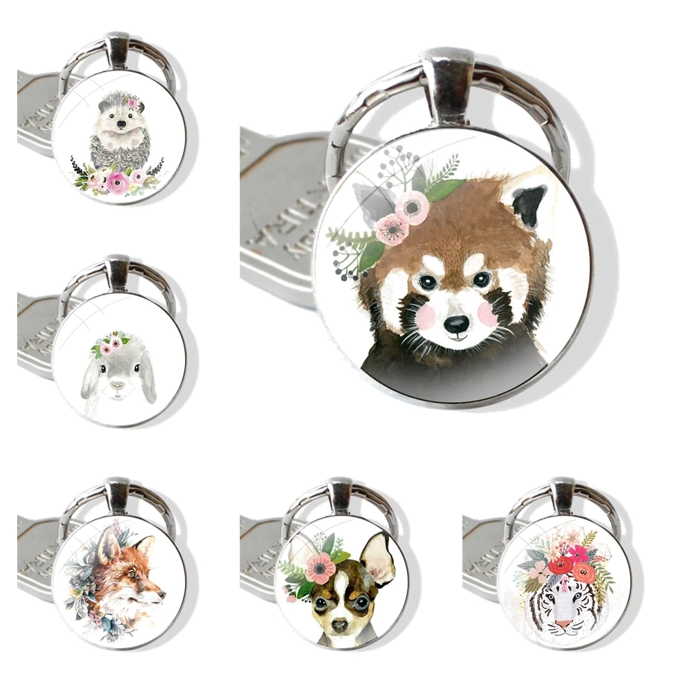 Animal head wearing flowers hedgehog cow dog fox Keychain Handmade Glass Cabochon Key Ring Holder Pendant Key Chains