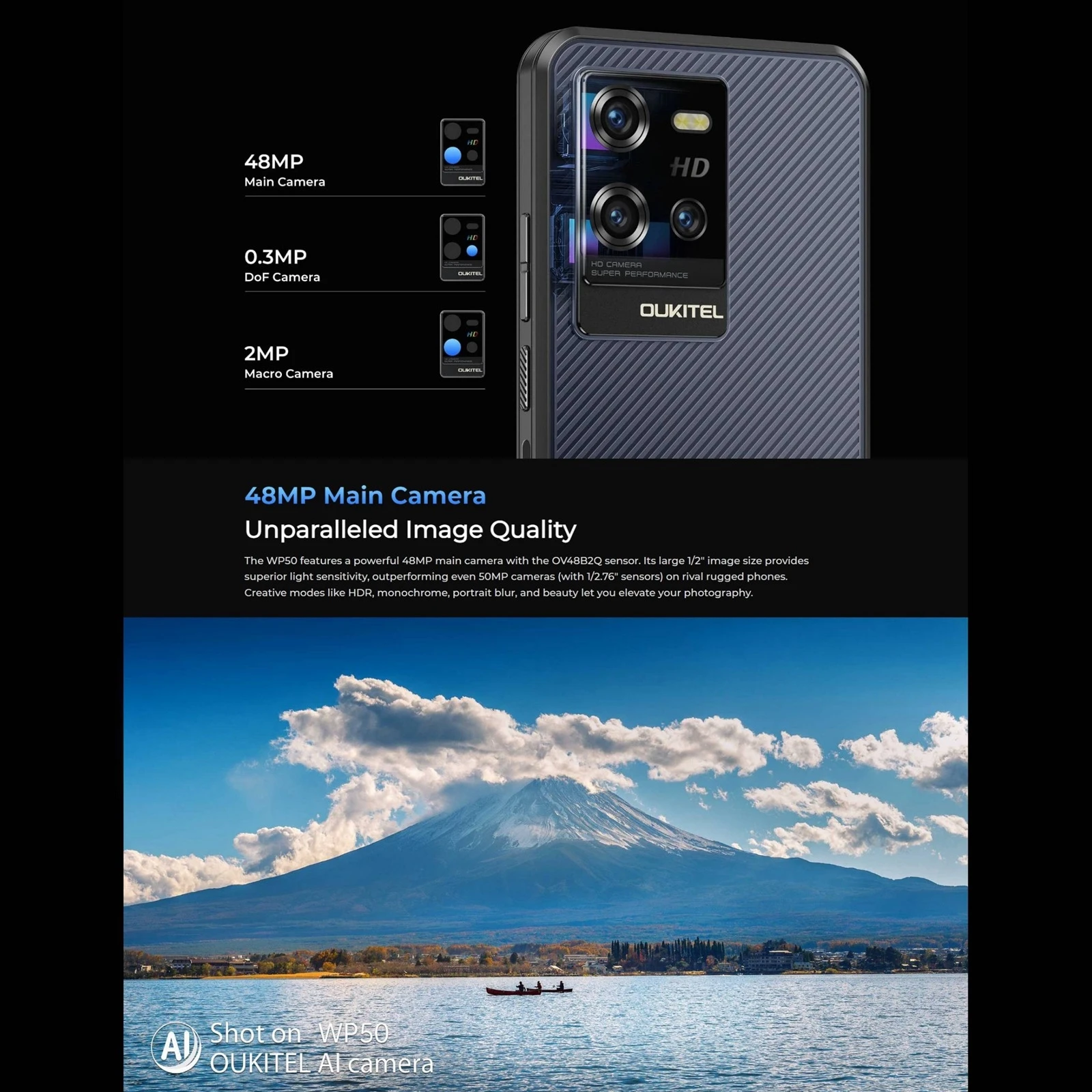 Oukitel WP50 5G 견고한 휴대폰, 6.6 인치 안드로이드 14.0, MediaTek Dimensity 6100, 옥타코어 48MP NFC 5G 스마트폰, 4GB + 256GB