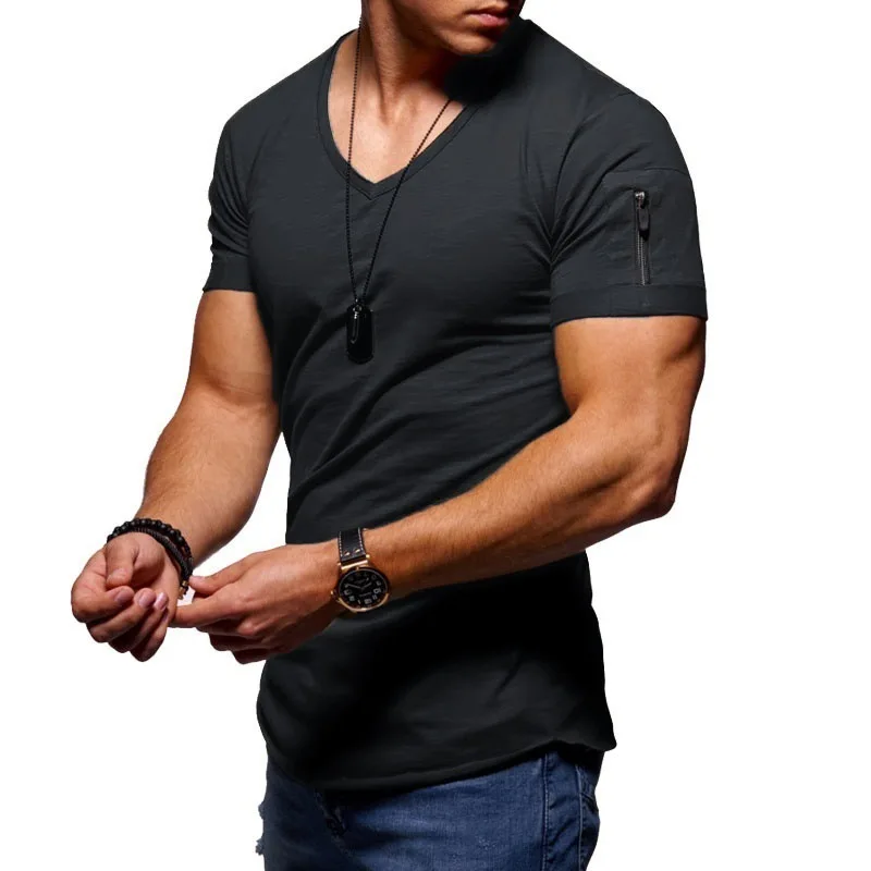 2024 Summer New Cotton Blended Men\'s Fashion Casual T-shirt V-neck Thin Solid Color T-shirt Sports Street Loose Top