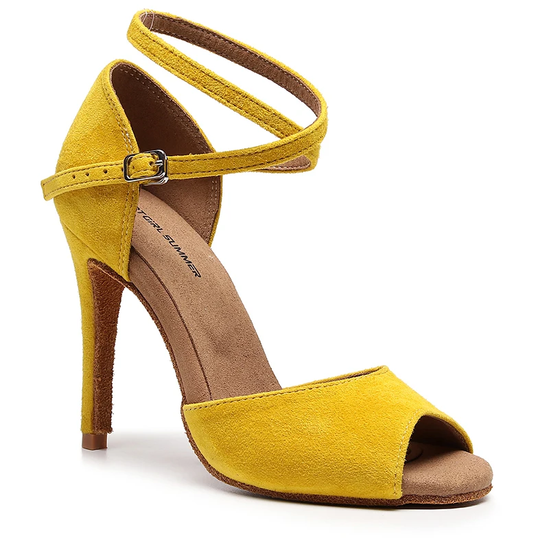 Zapatos de salón de baile latino para mujer, calzado de cuero moderno amarillo, suela de ante, Jazz, salsa, tacón Delgado cubano, Punta abierta, Stiletto de cuero