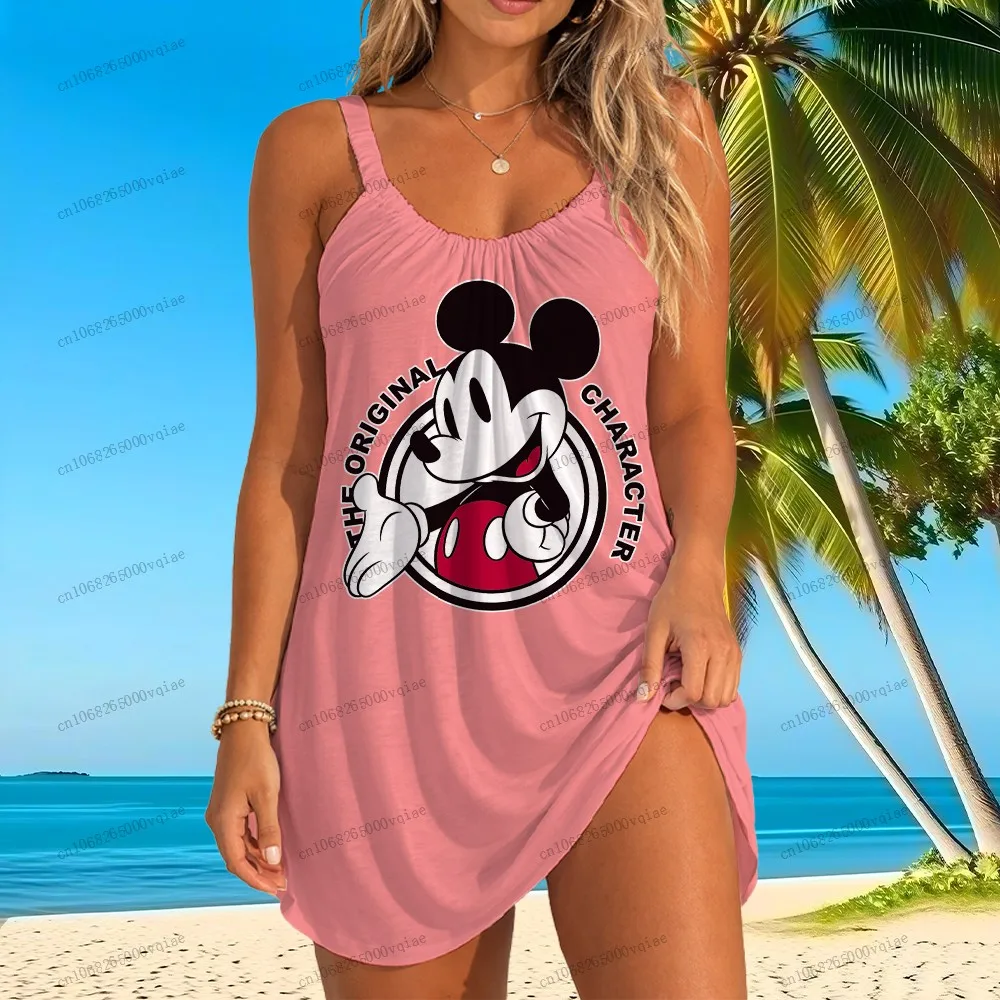 

Новые платья 2026: Женский сарафан Disney Mickey Mouse, пляжное платье-слинг в стиле бохо, пляжная одежда, платья для женщин Kawaii