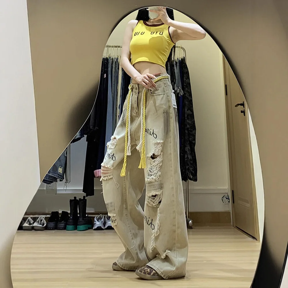American Retro Apricot Dirty Hole Beggar Jeans Women's Spring and Autumn Tie Dye Straight Leg Wide Leg Mop Pants