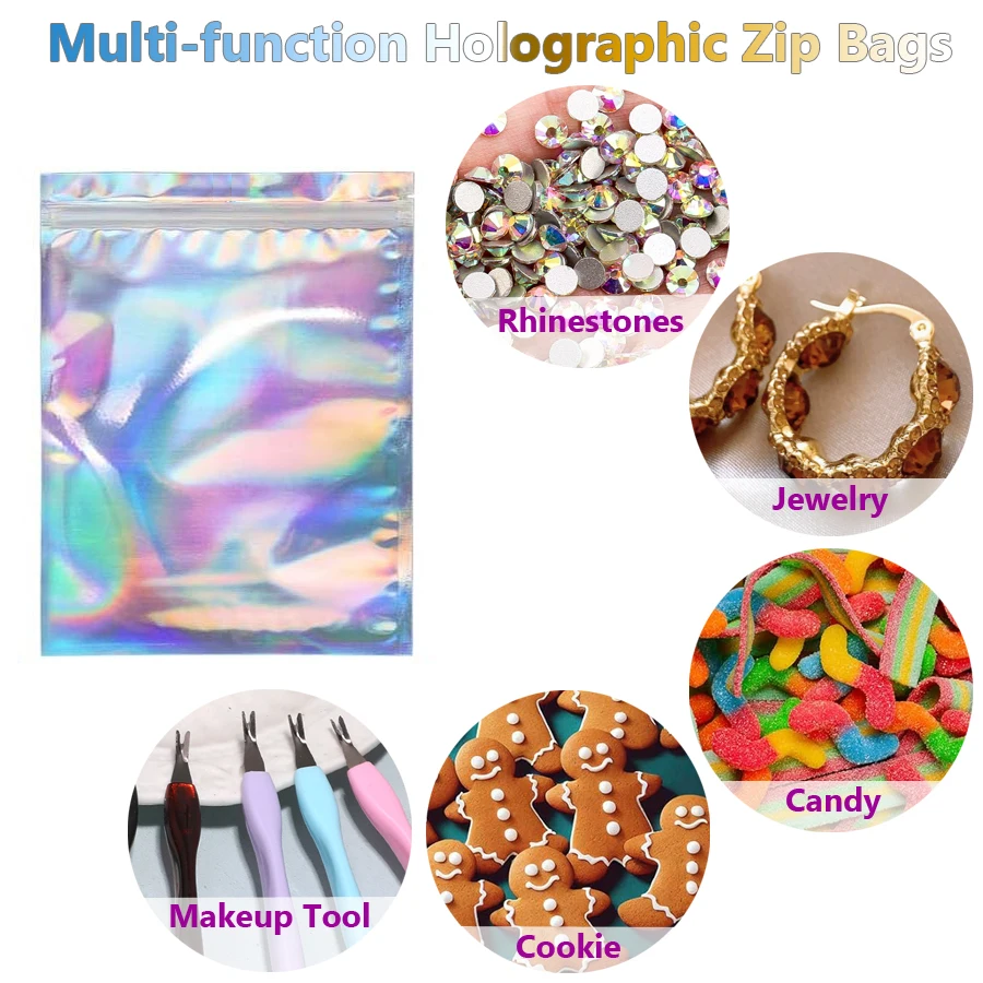 10 Stück holografische Folienbeutel mit wiederverschließbarem Reißverschluss für Nagelsteine, Schmuck, Make-up, Gel-Lack, Verpackung, Geschenkbeutel – Detail 4