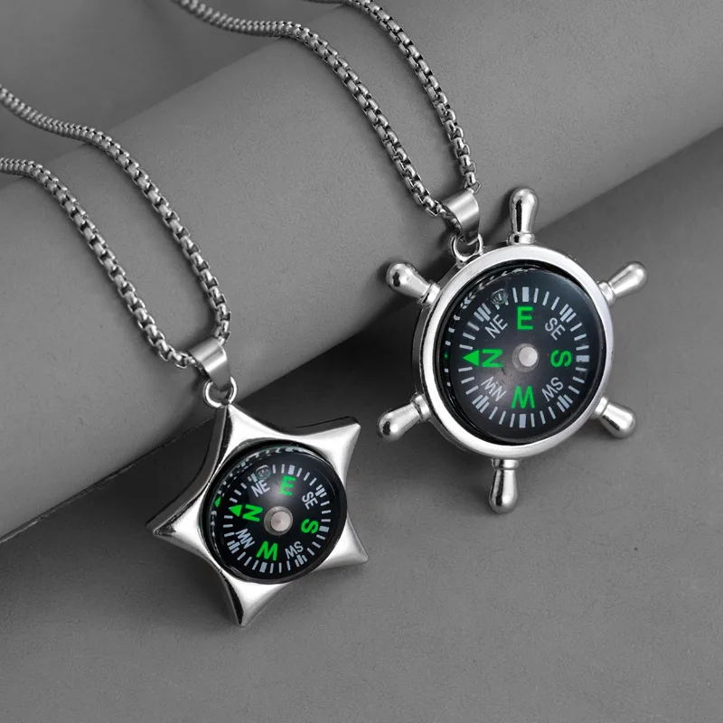 Outdoor Survival Compass Pendant Necklace Men Stylish Stainless Steel Functional Trendy Jewelry Accessory Daily Camping Travel