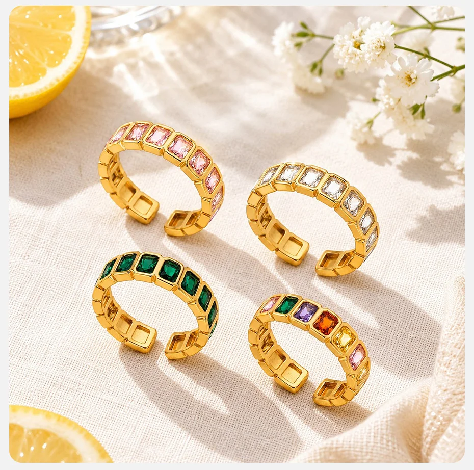 Vnox Offener Verstellbarer Ring, Vergoldetes Kupfer, Rechteckiger CZ-Band, Stapelbare Zirkon-Fingerringe, Modeschmuck Geschenk für Frauen – Detail 6