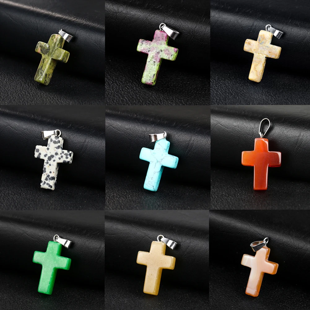 Natural Crystal Quartz Cross Pendant Stone Crucifix Quartz Necklace Bracelet Charms Amethyst DIY Christianity Jewelry Making