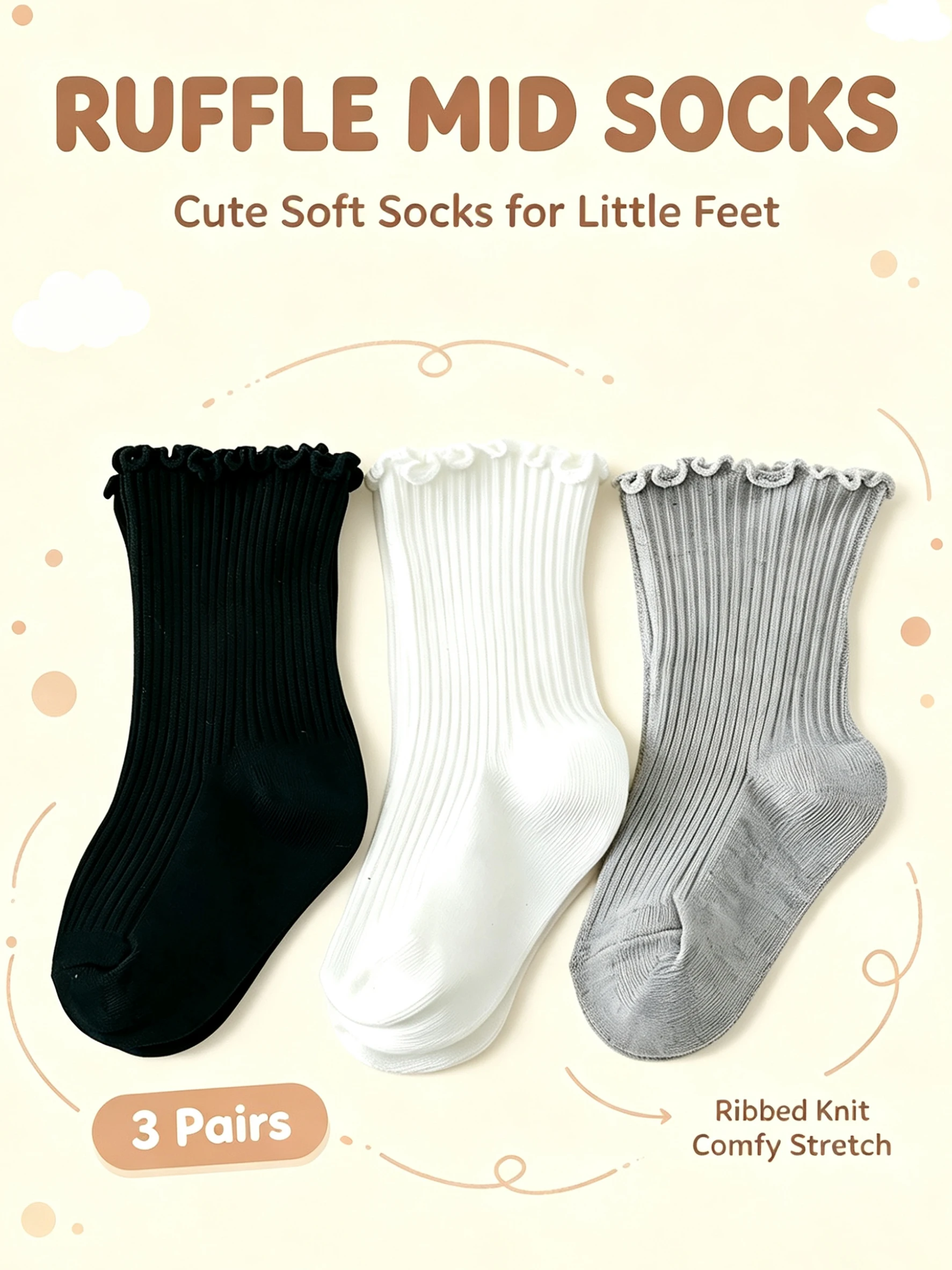 3Pairs Solid Ruffle Cuff Toddler Socks Ribbed Breathable Mid Calf Girl Socks Soft Stretchy All Season Kid Casual Socks for 1-12Y