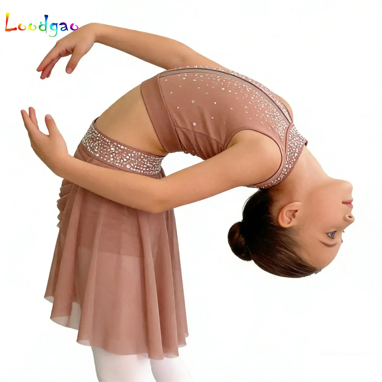Kids Girls Latin Modern Lyrical Dance Suit Outfit Rhinestones Crop Top+Skirt for Ballet Gymnastics Belly Performance Costumes