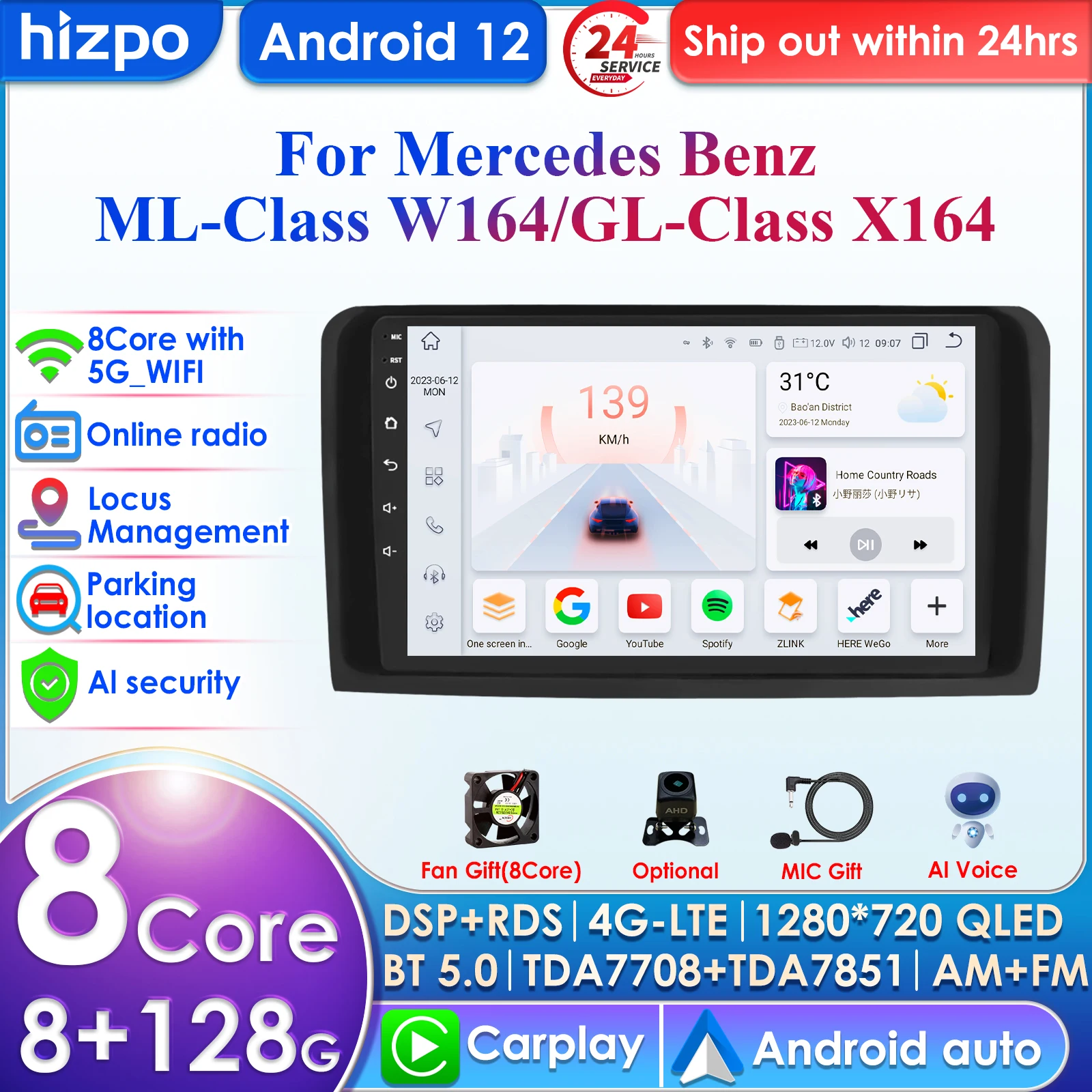 

Hizpo 4G 9'' AI Intelligent Systems CarPlay Android Auto Radio for Mercedes Benz X164 GL Class ML W164 ML500 Car Multimedia WIFI