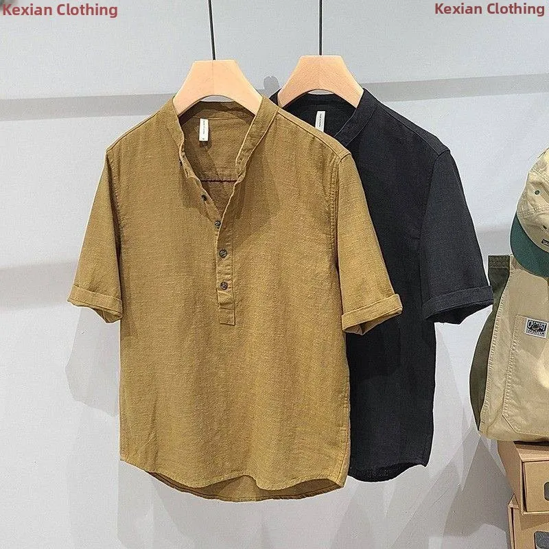 

Повседневная хлопково-льняная рубашка с коротким рукавом для мужчин, летняя новинка, простая модная молодежная рубашка для отдыха, однотонная, с воротником-стойкой