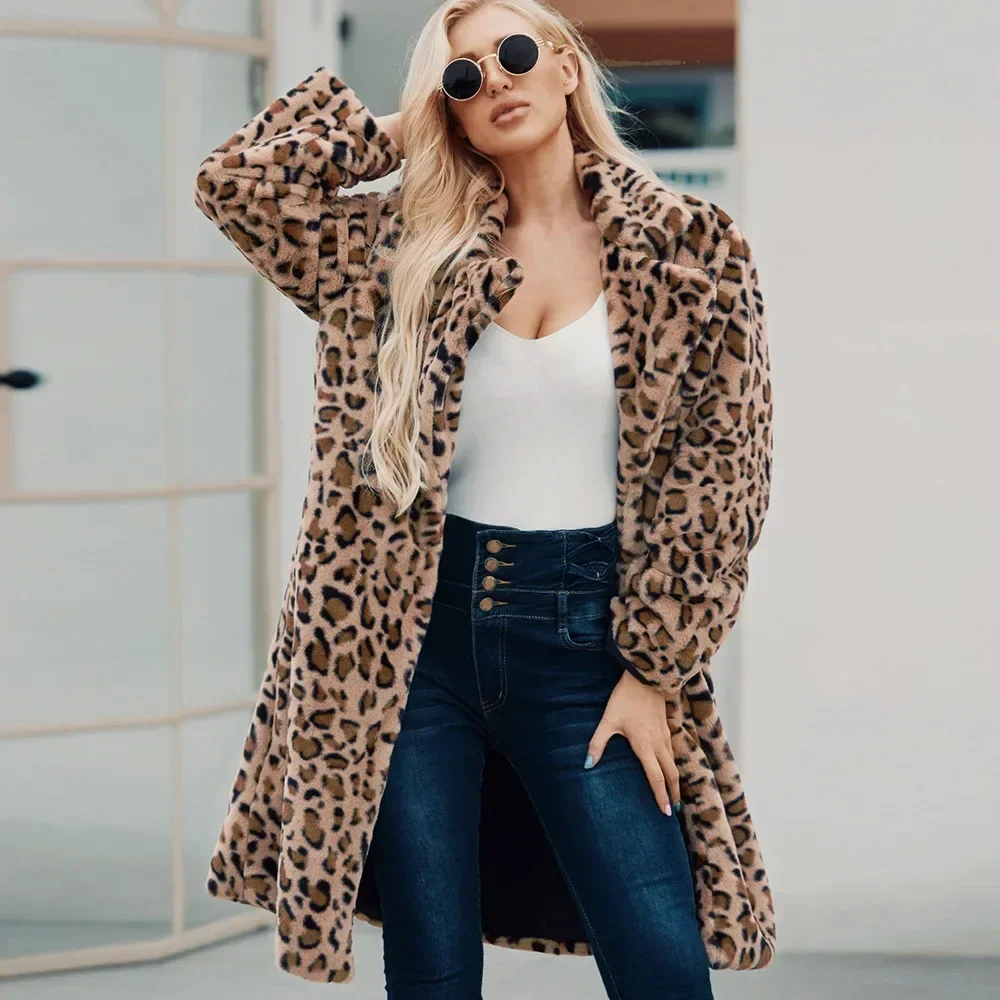 Mulheres casaco de pele do falso leopardo quente solto outono inverno grosso casacos longos turn down collar manga cintura alta maxi elegante jaqueta