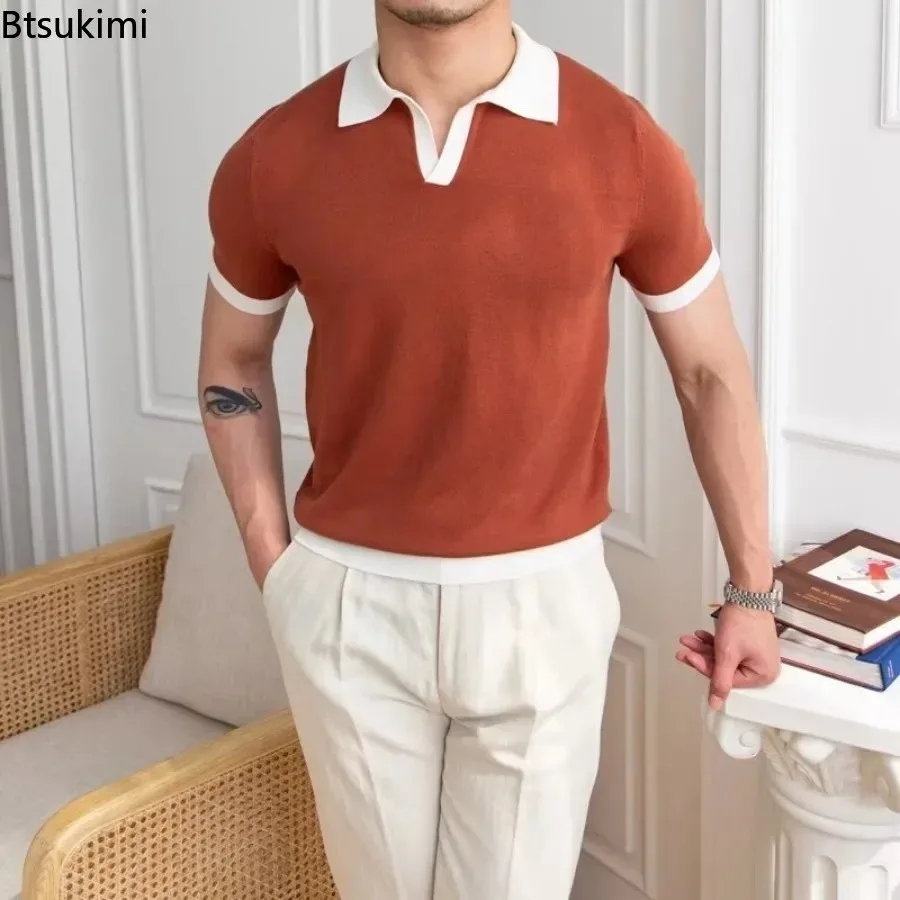 Mode Neue männer Elegante Gestrickte Polo Shirts Casual Vielseitige Revers Tees Sommer Atmungs Lose Tops für Männer Pendler Kleidung