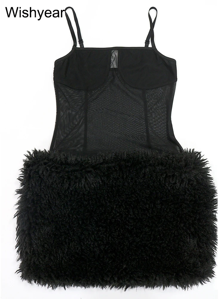 Nuove donne soffice pelliccia patchwork mini abito nero maglia trasparente aderente night club senza spalline backless autunno compleanno abiti