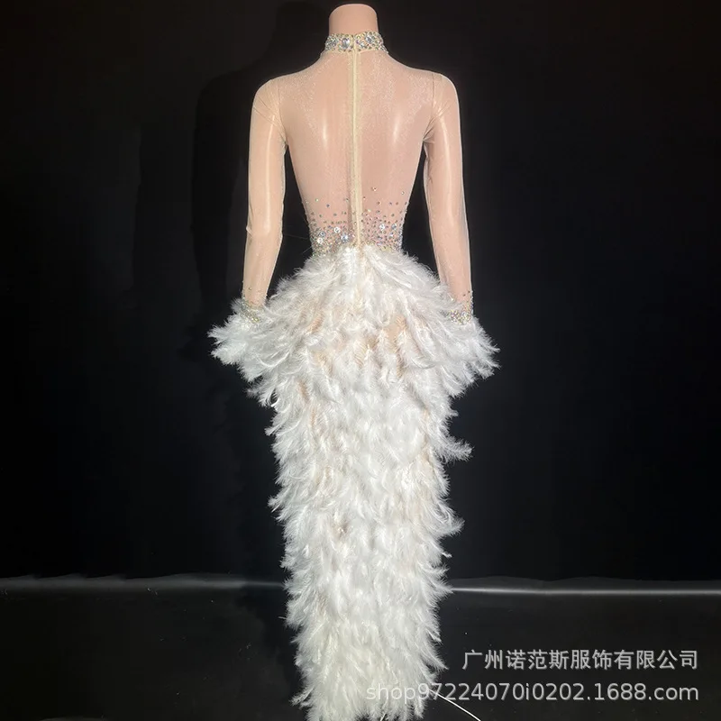 High Sense Witte Zwaan Temperament Taille Veren Jurk Zanger Prestaties Mode Zingen Kleding Jaarvergadering Jurk Abendkleid