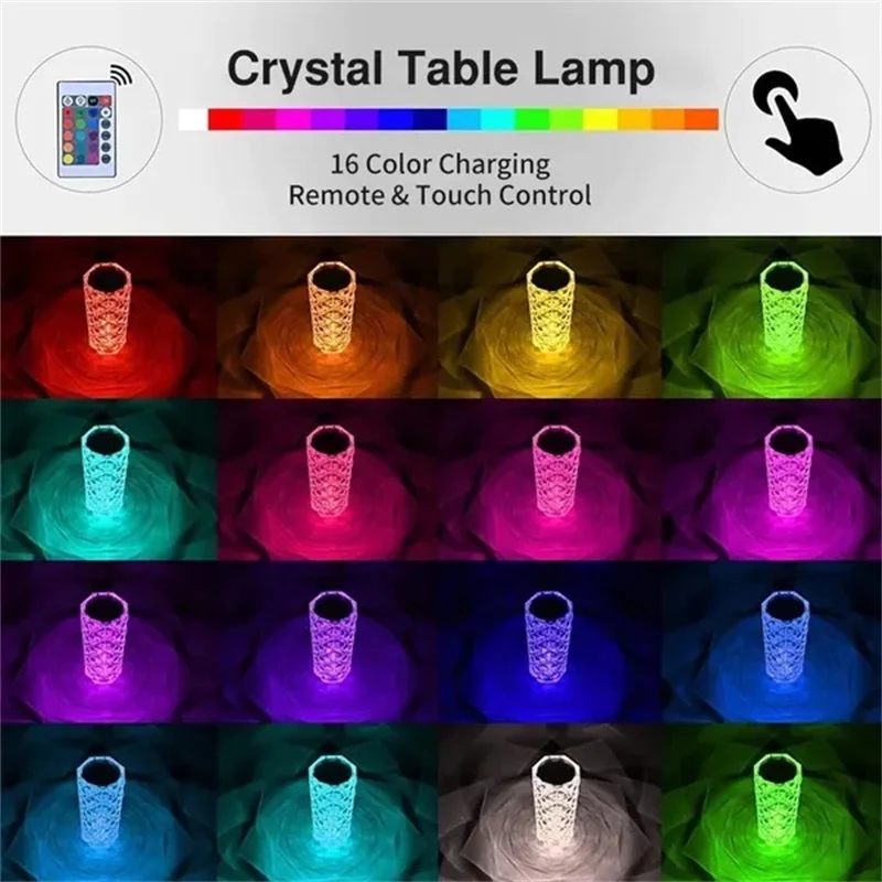 Rose Crystal Lamp Crystal Lights Touching Control with USB Port 3/16 RGB Color Changing Romantic Rose Diamond Table Lamp