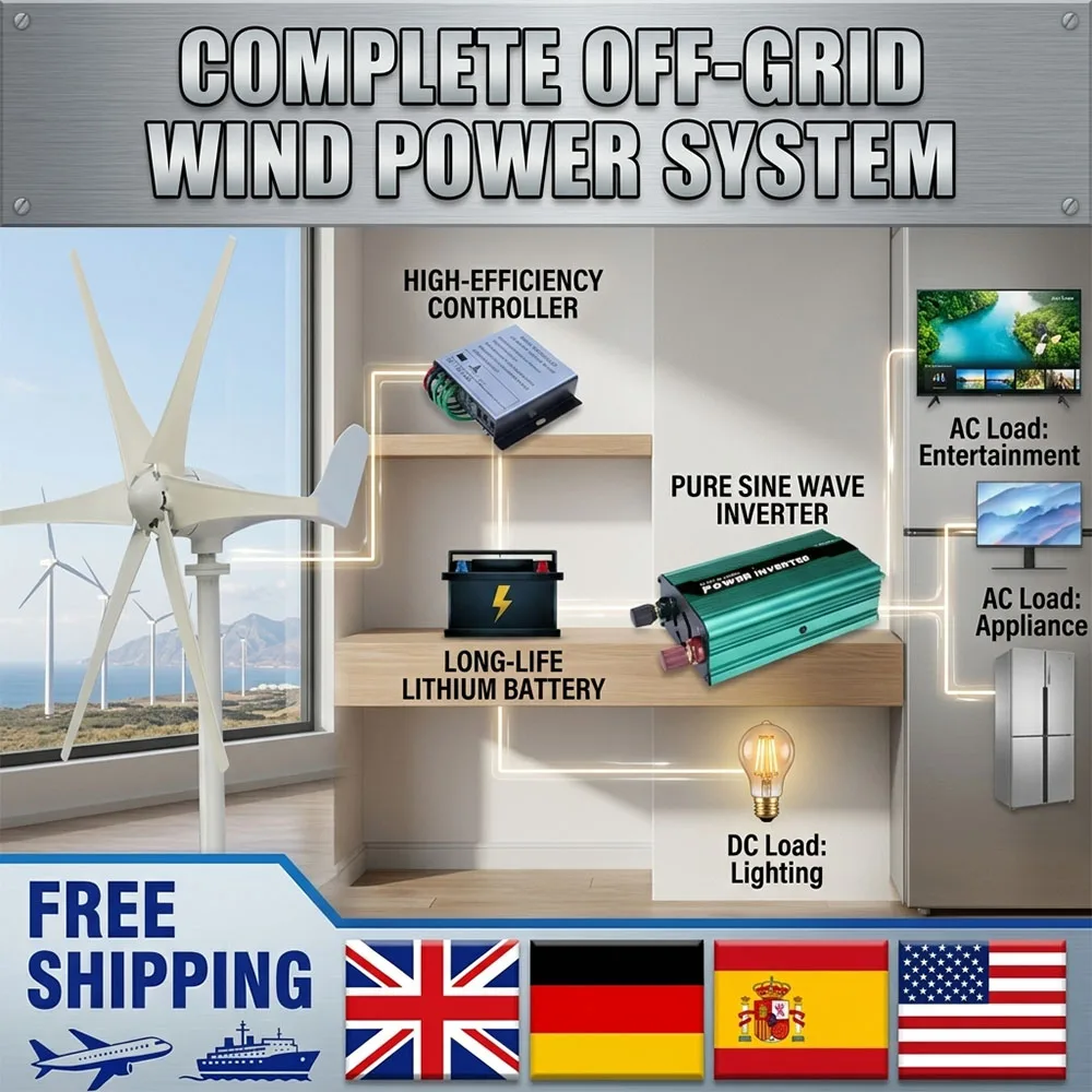 Free Energy 1000W 2000W 3000W Wind Turbine Generators 12V 24V 48V with MPPT Charge Controller for Windmill Power System Home Use
