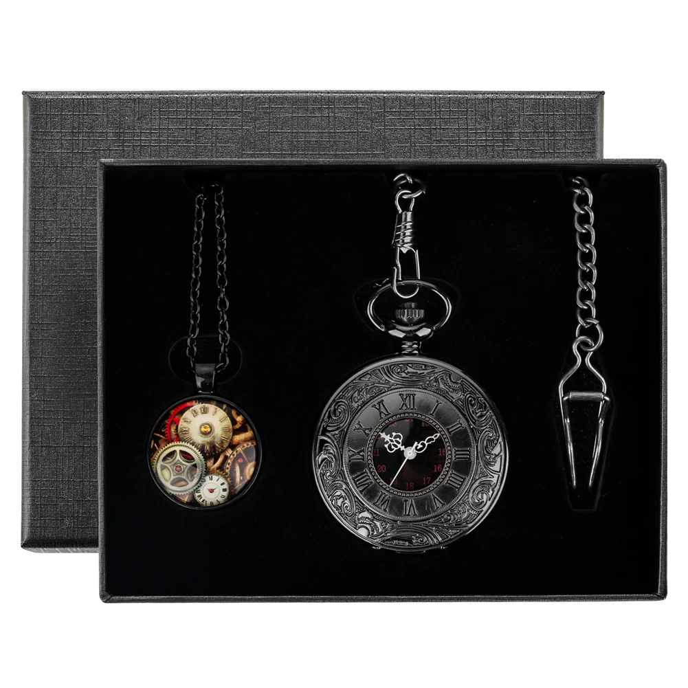 

Men's Black Roman Numerals Carved Hollow Cover Quartz Pocket Watch Gift Set Retro Steampunk Pendant Watches Chain Pocket Clock