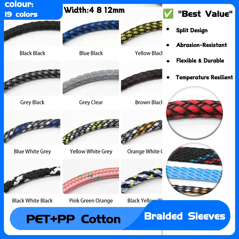 

PET Braided Cable Sleeve Expandable Tight High Density Insulated Line Protection Wire Wrap Sheath 19 Colors 1/5M 2 4 6 8 10 12mm
