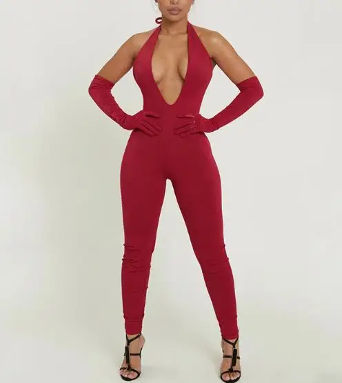 Combinaison pour femmes, col suspendu, corde attachée, dos nu, demi-manches, couleur unie, moulante des hanches, neuf parties, automne et hiver