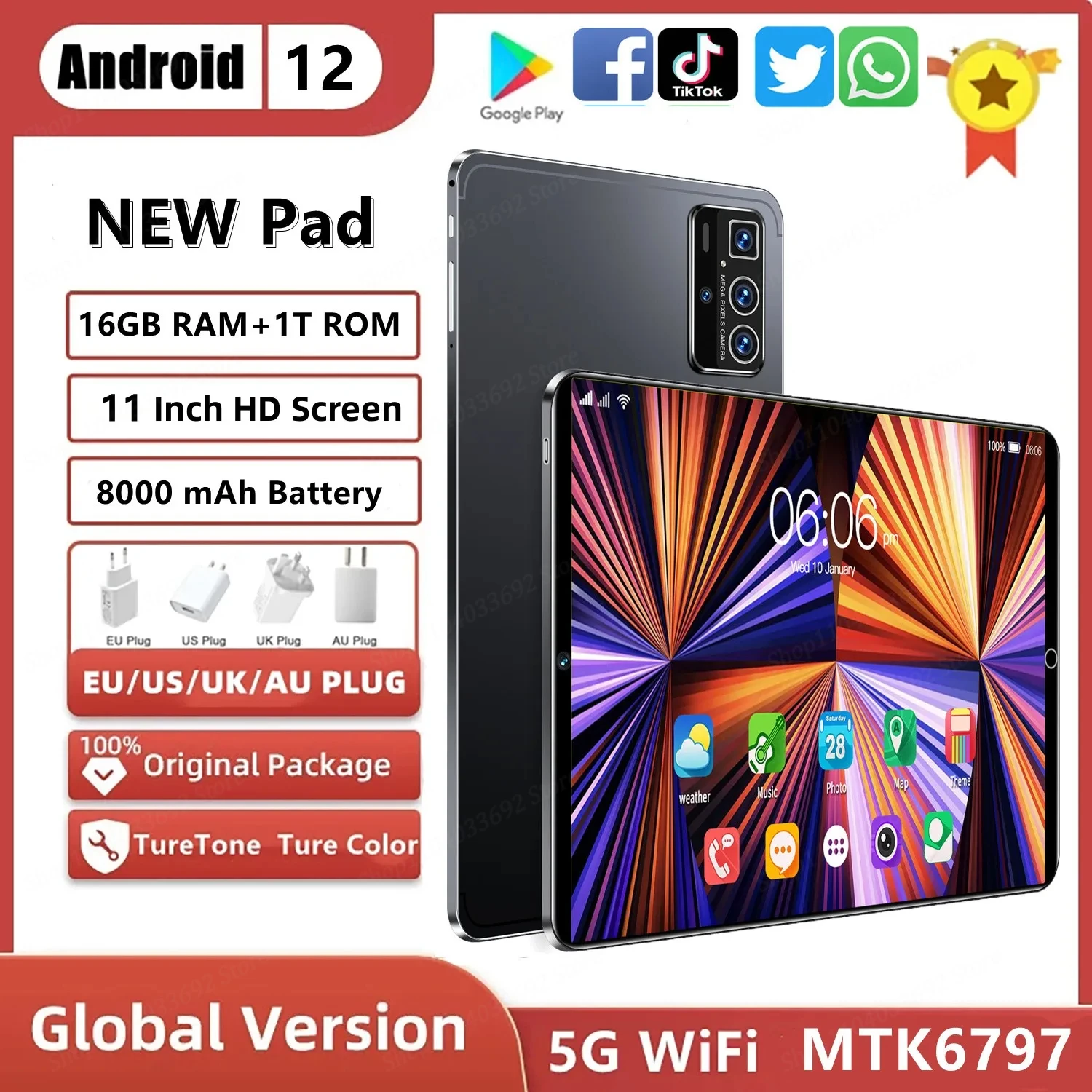 

2024 Global Version NEW 11 Inch Tablet Android12 16GB 1T Dual SIM 10 Core WPS GPS Bluetooth 5G Network GPS WPS Tablet PC Ipad