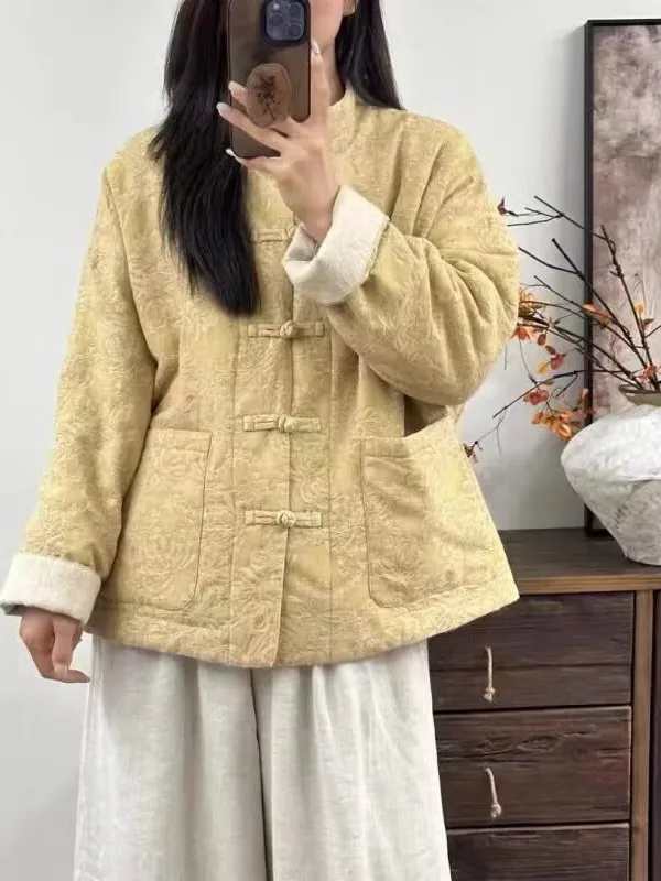 

Высококачественное женское повседневное хлопковое пальто, новое китайское пальто с воротником-стойкой на пуговицах в стиле ретро, дзен-дизайн, Thiened Long Sve