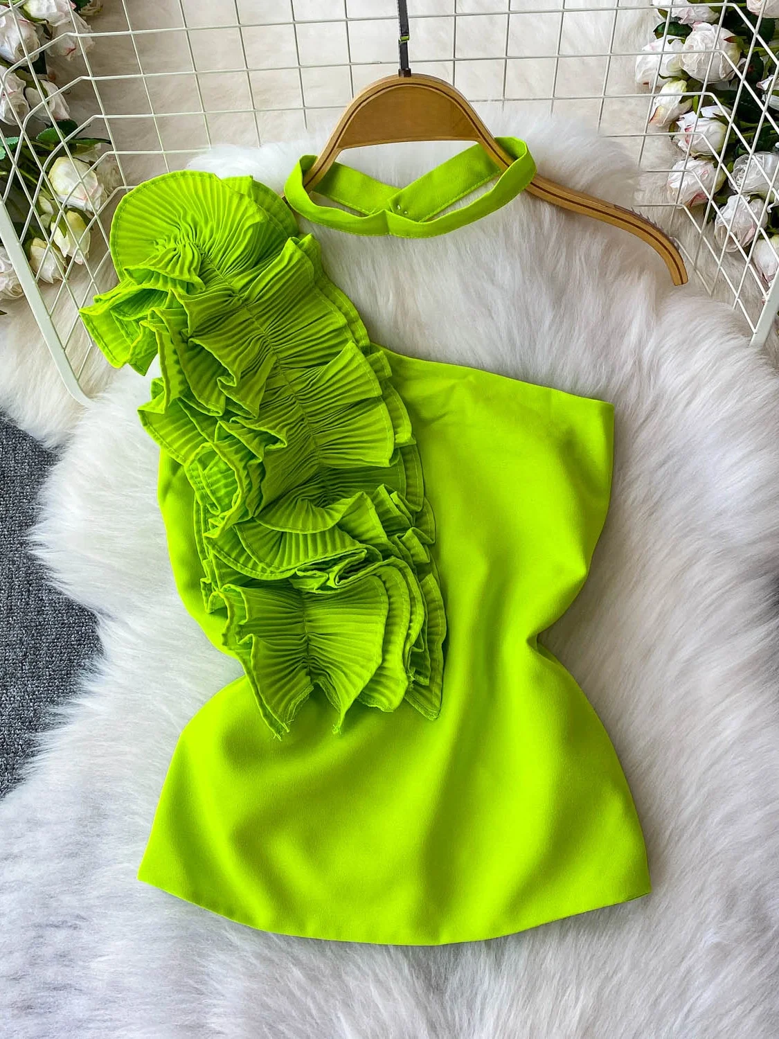 Süße übergroße Satin-Feeling-Ne-Hängeweste für Damen, Sommer-Schlankheitsoberteil mit Volantverzierung, für den Pendelverkehr, normale Länge