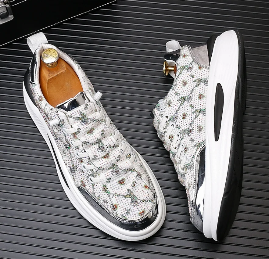 

Роскошные кроссовки со стразами, мужская повседневная обувь на платформе, прогулочная обувь на шнуровке с круглым носком, мужские однотонные дизайнерские кроссовки с кристаллами