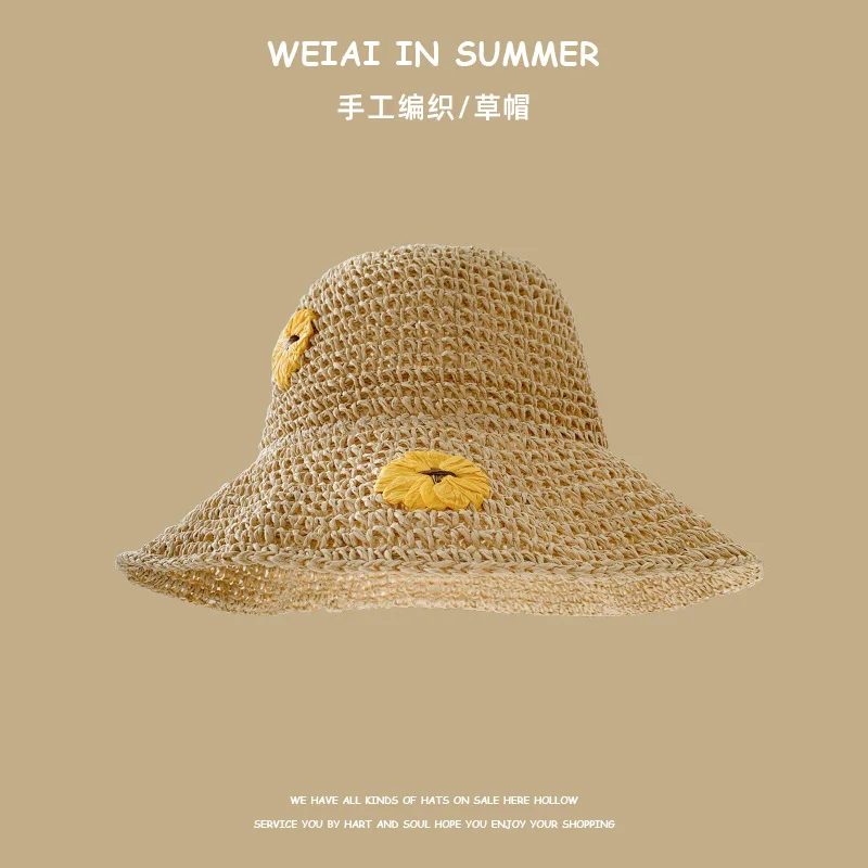 Spring and Summer Korean Style Sweet All-Match Woven Straw Hat Women's Seaside-Proof-Proof Fisherman Hat Big Brim Face-L