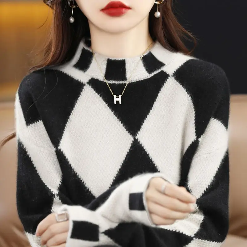 2023 Autumn and Winter New Fashion Women\'s Clothing Half High Neck Long Sleeve Temperament Versatile Commuter Lattice Sweater