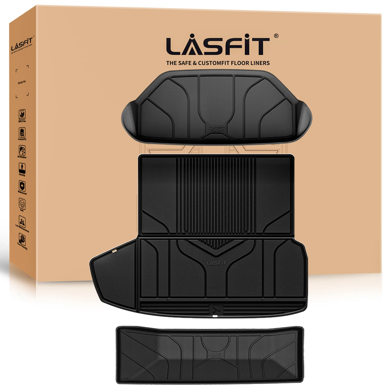 LASFIT Floor Mats Fit for Tesla Model S 2021-2024 Trunk Full Set Front Trunk & Rear Cargo & Trunk Well Custom All Weather Liners