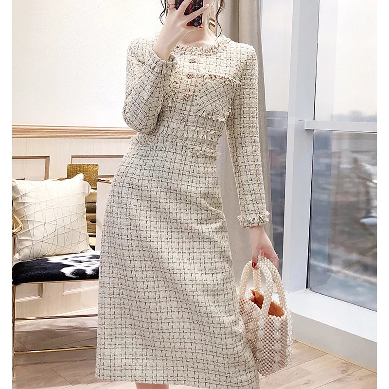 Women\'s Fashion Tweed Suit Dress Autumn O-neck Long Sleeve Single Breasted Plaid Elegant Dress New Evening Party Vestidos Robes