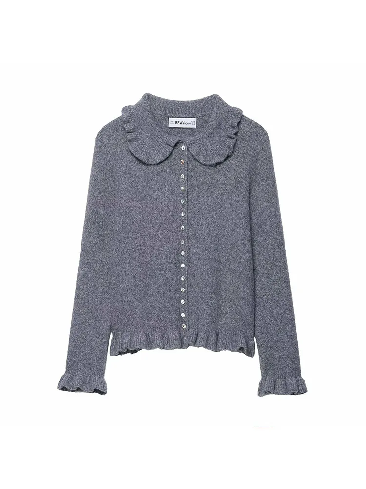 

New Elegant Gray Cardigan For Women 2025 Autumn Knitted Sweater With Buttons Lapel O Neck Simple Cute Fashion