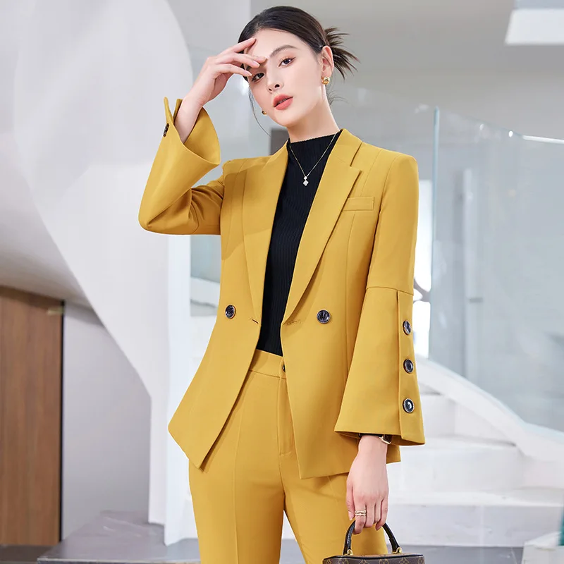 

Модный женский повседневный блейзер, однотонный пиджак с расклешенными рукавами и двойными пуговицами, формальный костюмный жакет, осенне-зимняя женская верхняя одежда