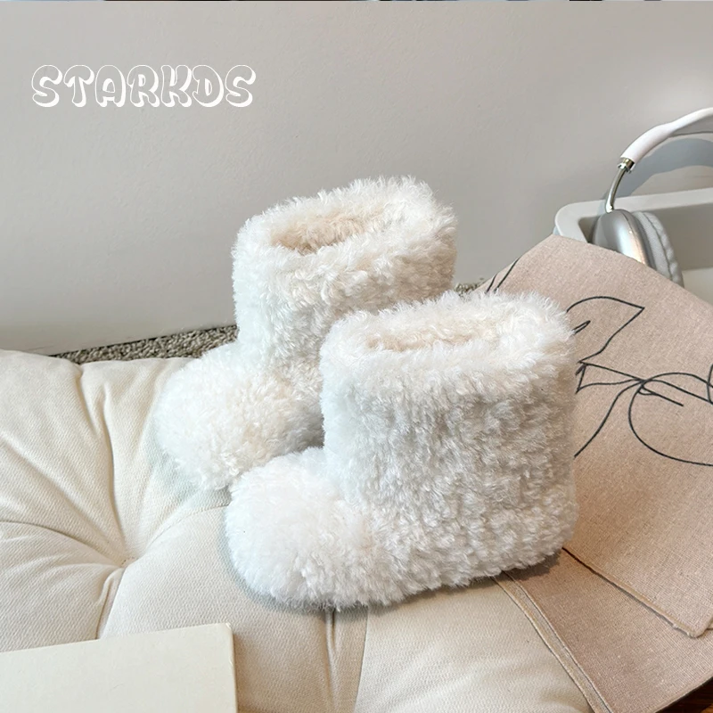 

Luxury Thick Teddy Fur Boots Baby Girl Fluffy Warm Plush Booties Toddler Child Winter Brand Design Round Toe Slip-on Cotton Shoe