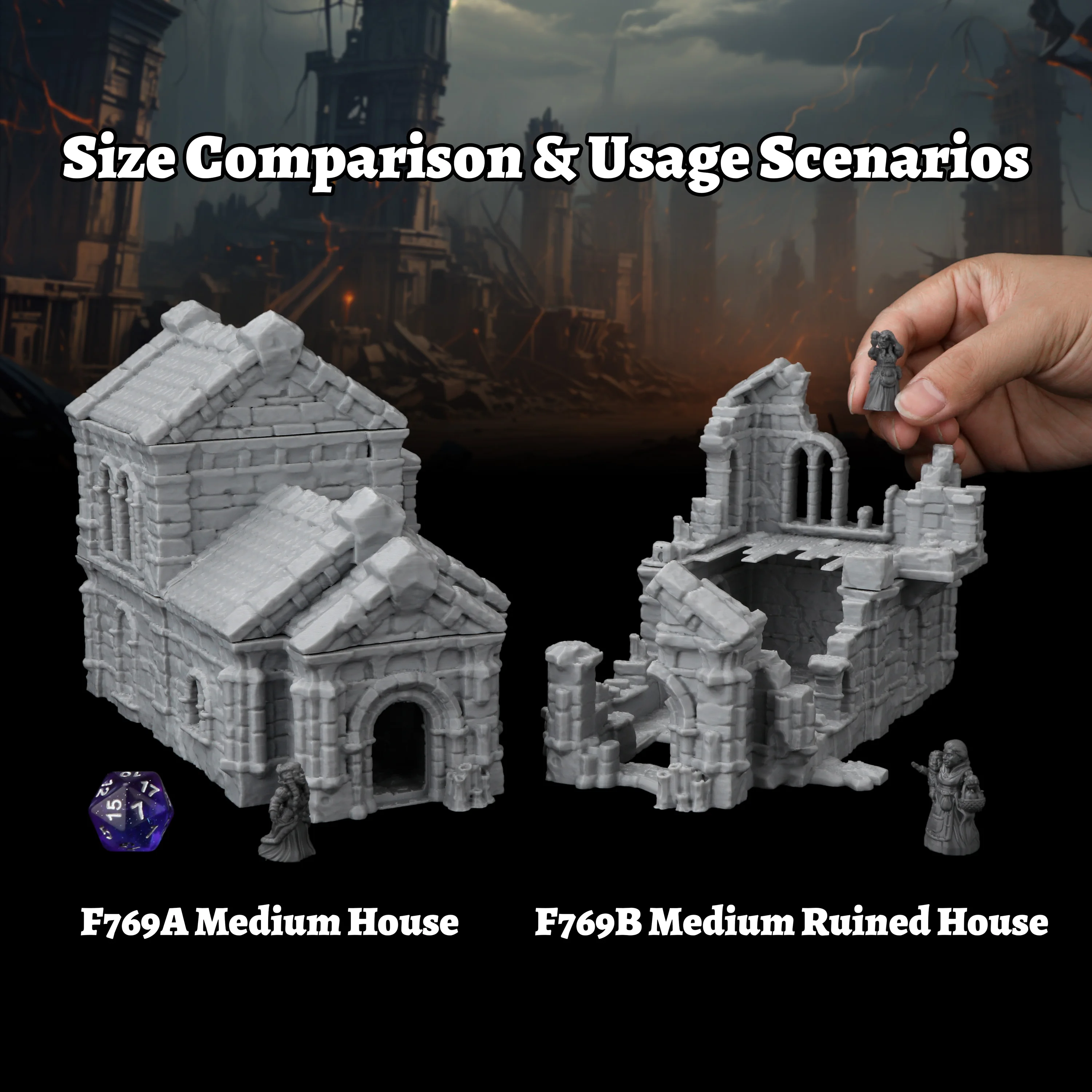 Fantasy Medium House Miniature Model, Intact and Ruined 2 Styel Tabletop Scenery Designs, Gifts Suitable for RPG players