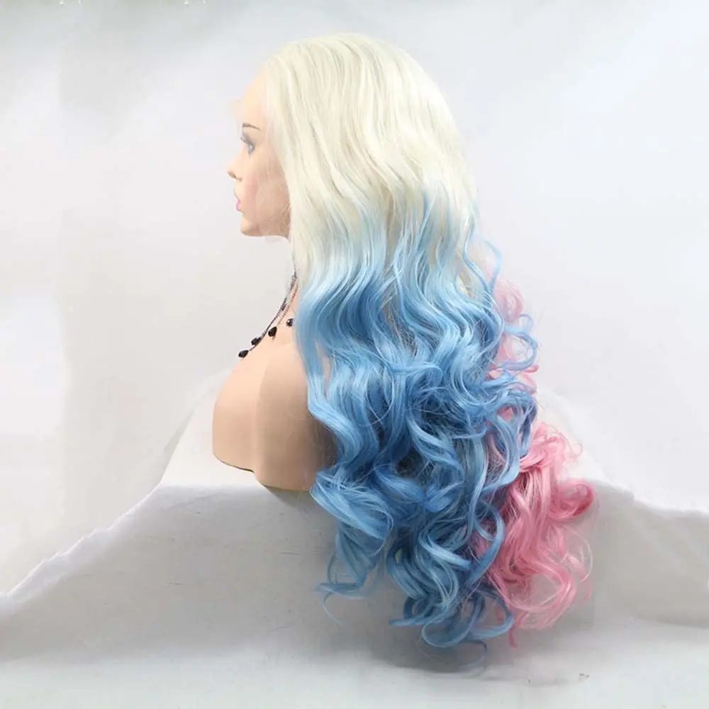 Peruki peruki z różowym Ombre Blue z syntetyczną blond koronką z przodu dla kobiet włókno termoodporne długie faliste peruki Cosplay