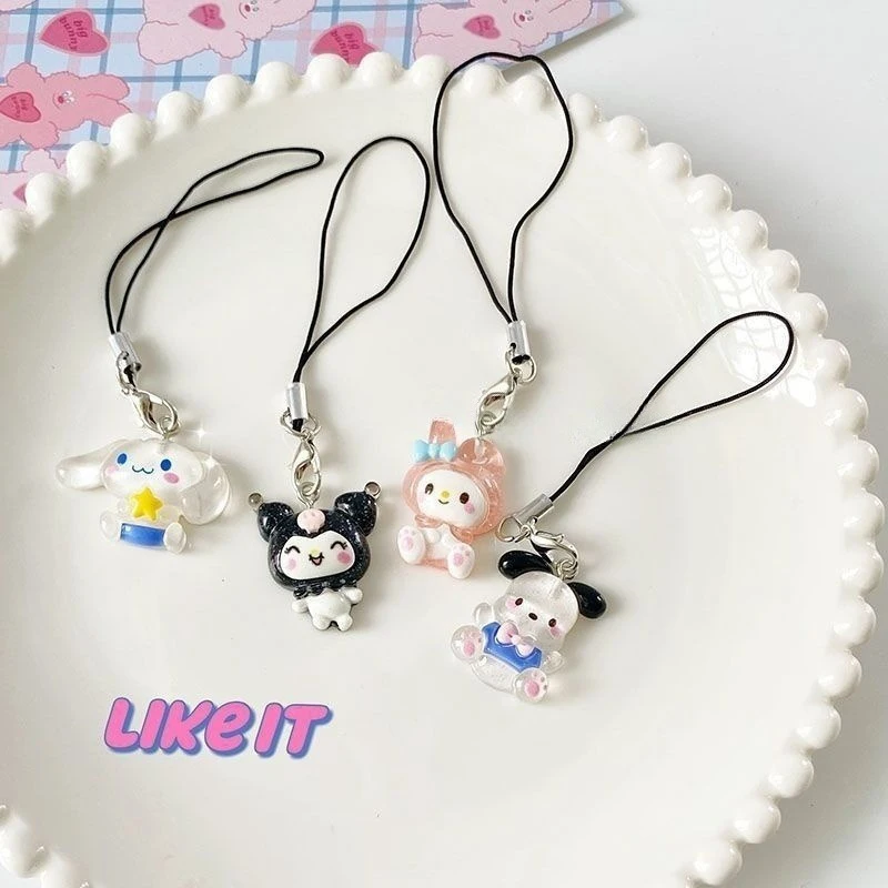 Sanrio Anime My Melody Resin Keychain Cartoon Kuromi Transparent Shiny Keyring Cute Phone Lanyard Sweet Bag Pendant Decorations