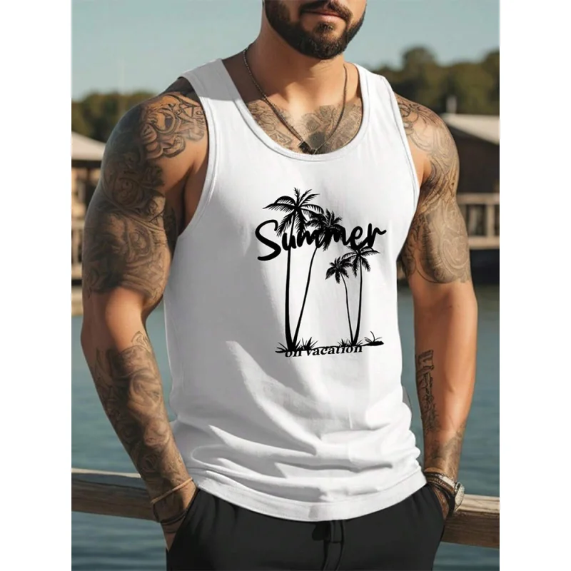 3D Printed Colorful Coconut Trees Tank Tops For Men Plant Pattern Tees Summer Loose Street Sports Round Neck Tops Beach Vest