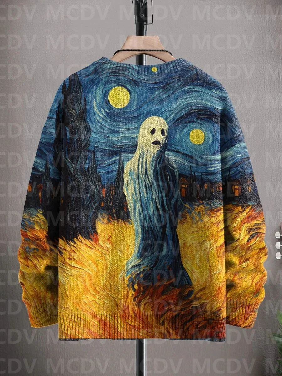 Unisex Art Ghost Halloween Print Casual Knit Sweatshirt Men's For Women's Pullover